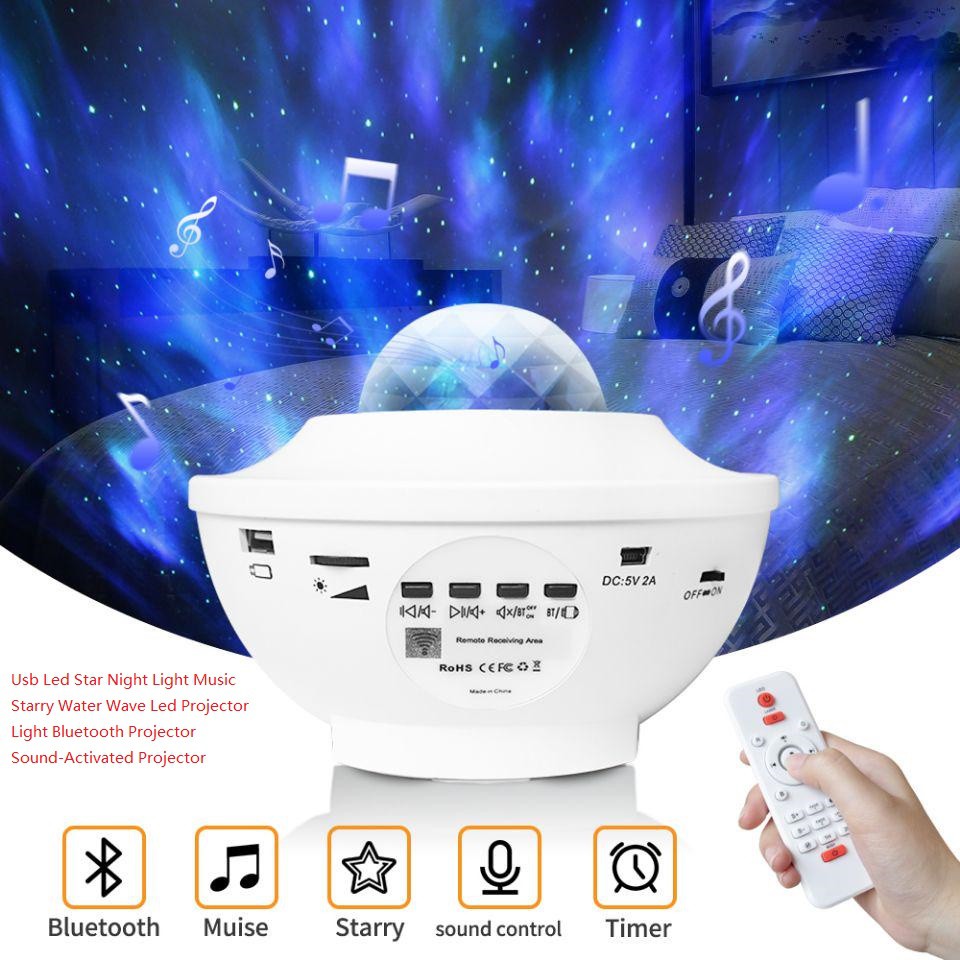 Đèn LED USB chiếu hình ngân hà/sóng nước trang trí kích hoạt bằng âm thanh chức năng loa bluetooth tạo không khí/Đèn LED chiếu hình vì sao / sóng biển cho ban đêm lãng mạn đầy màu sắc