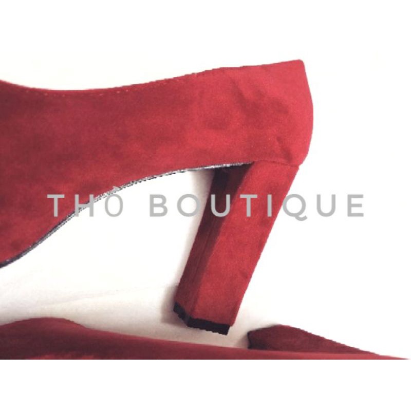 Giày cao gót BIGTREE chính hãng nhung mịn màu đỏ đô gót vuông 10cm đế kép size 37