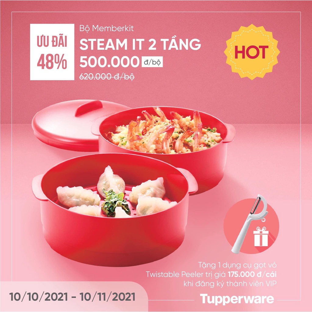 Xửng hấp 2 tầng có nắp tupperware tặng kèm 1 dao gọt vỏ