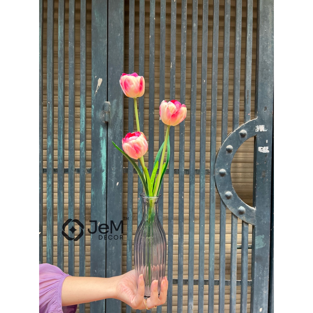 Hoa tulip cành kép 3 bông, hoa lụa giả, trang trí nhà cửa