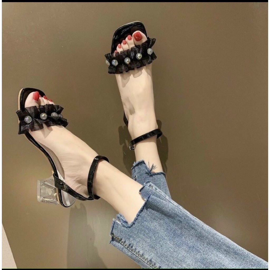 Sandal Cao Gót Dép Cao Gót Quai Nhún Beo Dây Ngọc Gót Trong Cao 5cm Cực Sang Chảnh Sản Xuất 2022 mã-dd018