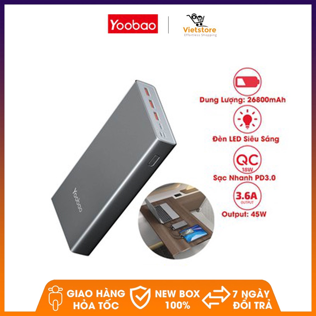 Pin sạc dự phòng Yoobao 99Wh 26800mAh thiết kế vỏ nhôm hỗ trợ sạc nhanh PD 45W, QC 3.0 sạc cho điện thoại laptop,Macbook