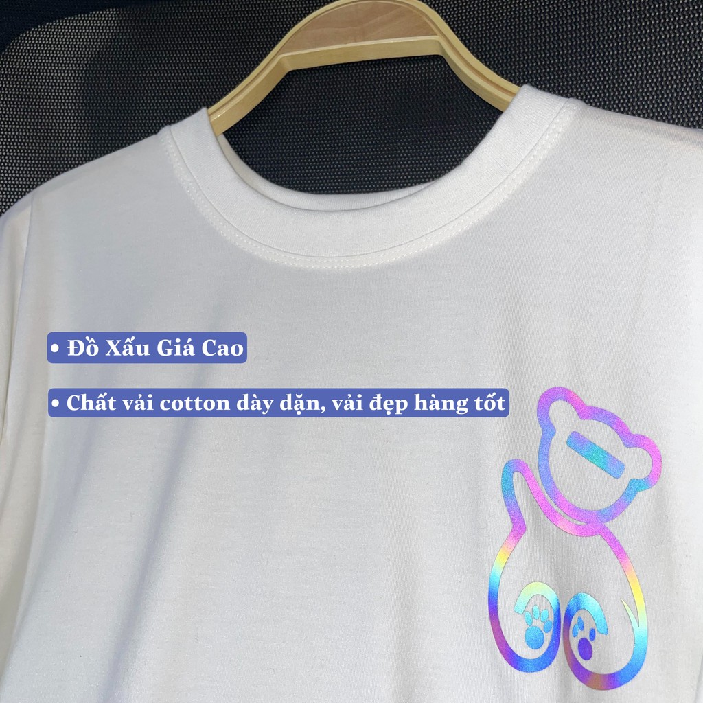 Áo thun trắng phản quang hình gấu. Áo Unisex from rộng tay lỡ chất vải cotton dày dặn. | BigBuy360 - bigbuy360.vn