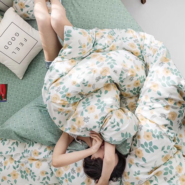 Bộ Chăn Ga Gối Cotton Living Lá Nhí Xanh