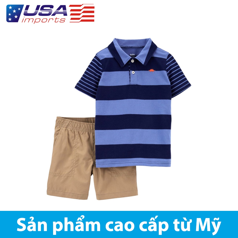 Set áo polo sọc xanh phối quần short kaki Car-tờ Auth Từ Mỹ (1K378910)