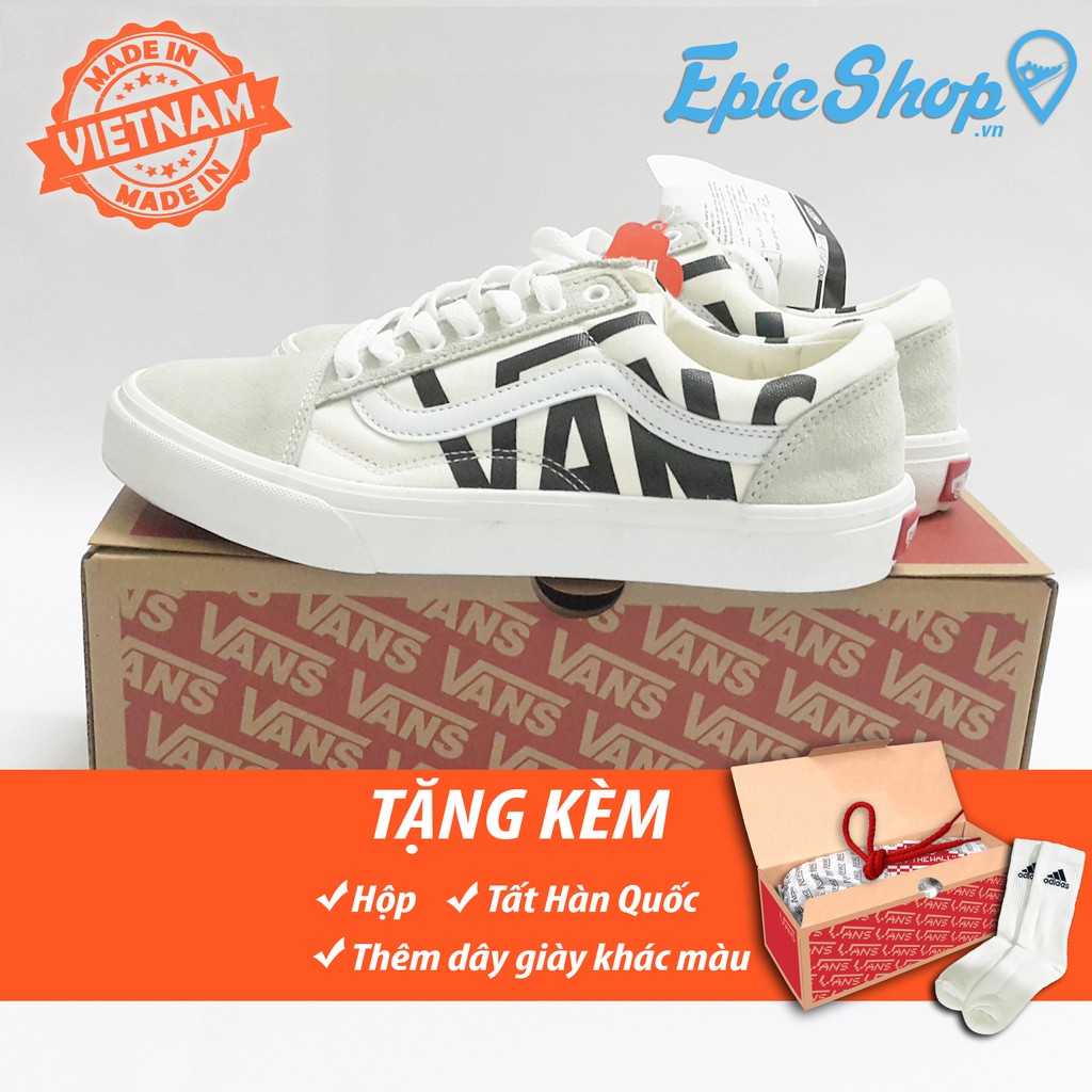 Giày old skool chữ đen trắng da lộn mới (ảnh thật, tặng tất, full box)