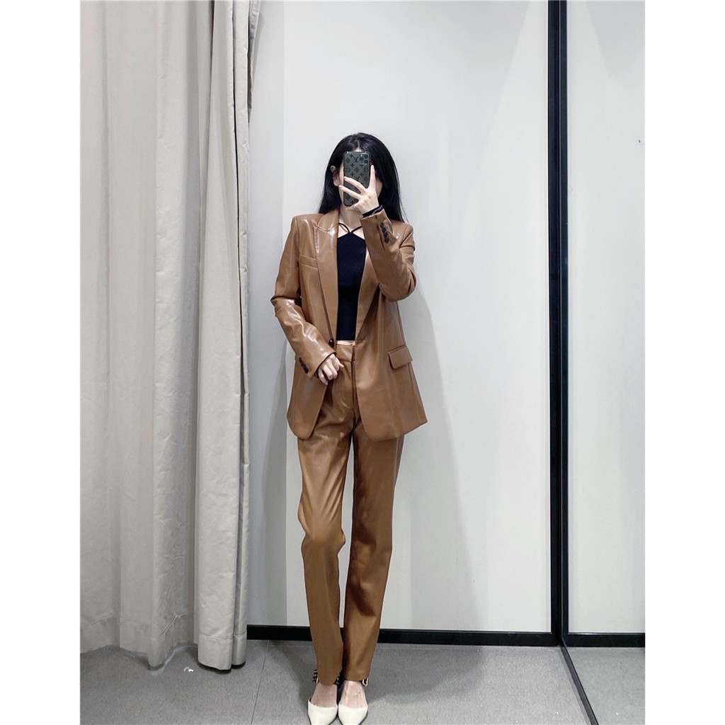 BỘ ÁO BLAZER VÀ QUẦN ZARA NỮ DA MÀU DÂU