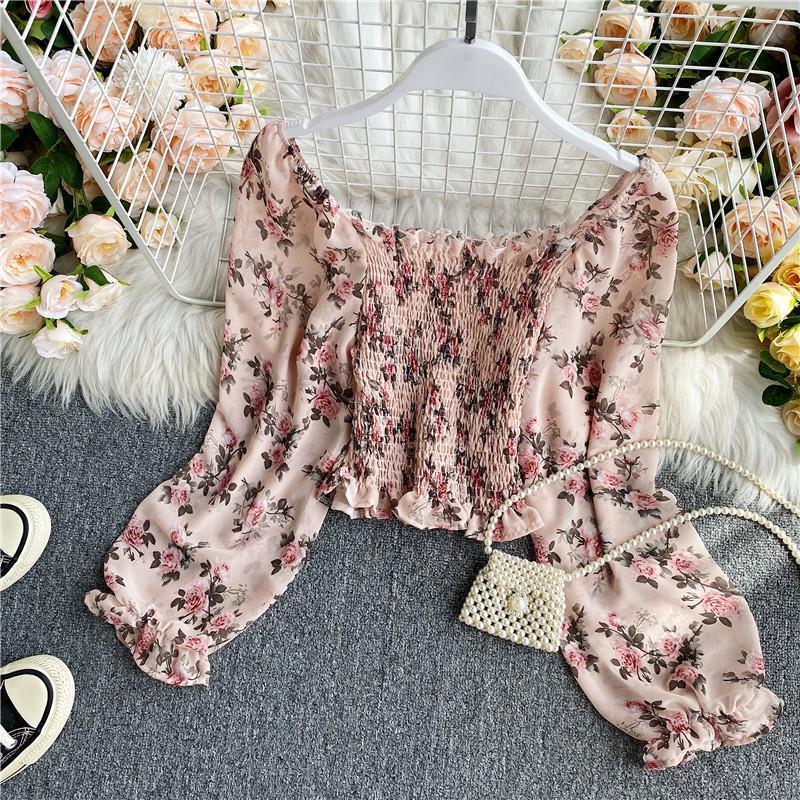 Áo sơ mi voan tay dài cổ vuông eo cao trễ vai in họa tiết hoa cổ điển thời trang quyến rũ cho nữ