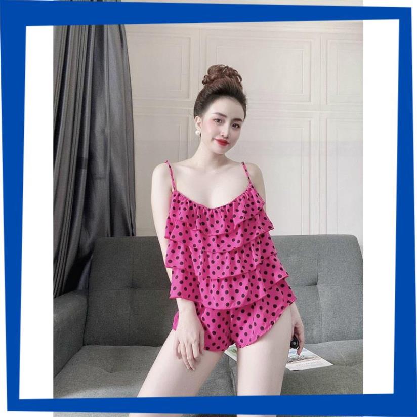 Đồ Ngủ Sexy Nữ, Đồ Mặc Nhà 2 Dây Tầng Quần Cọc Họa Tiết Chấm Bi Chất Lụa Latin Cao Cấp Form Chuẩn Size Dưới 60kg Mặc Vừa