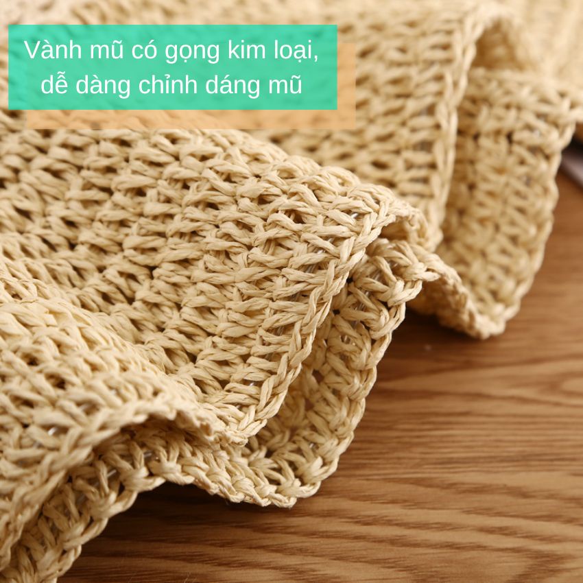 Mũ cói mềm rộng vành thắt nơ ren Vintage