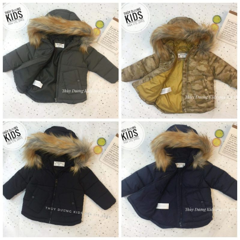 Áo phao Mango 4 màu 3 lớp mũ lông VNXK cho bé trai 9/12m-3/4y
