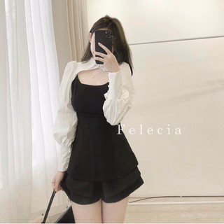 Áo đen phối cổ sơmi tay phồng trắng khoét ngực nút ngọc