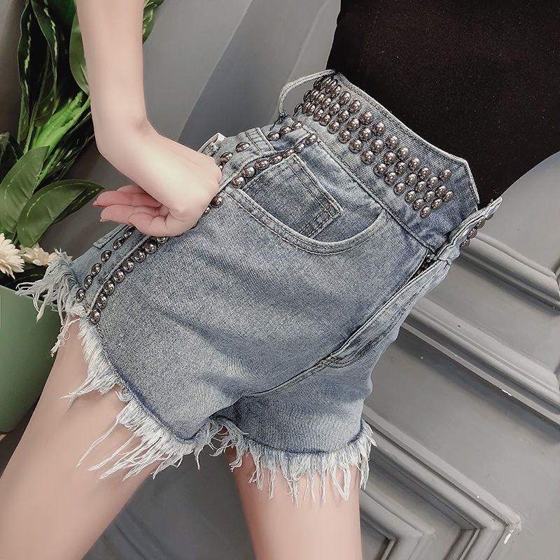 Quần Short Denim Lưng Cao Dáng Rộng Viền Rách Đính Hạt Phong Cách Hàn Quốc Mới Cho Nữ