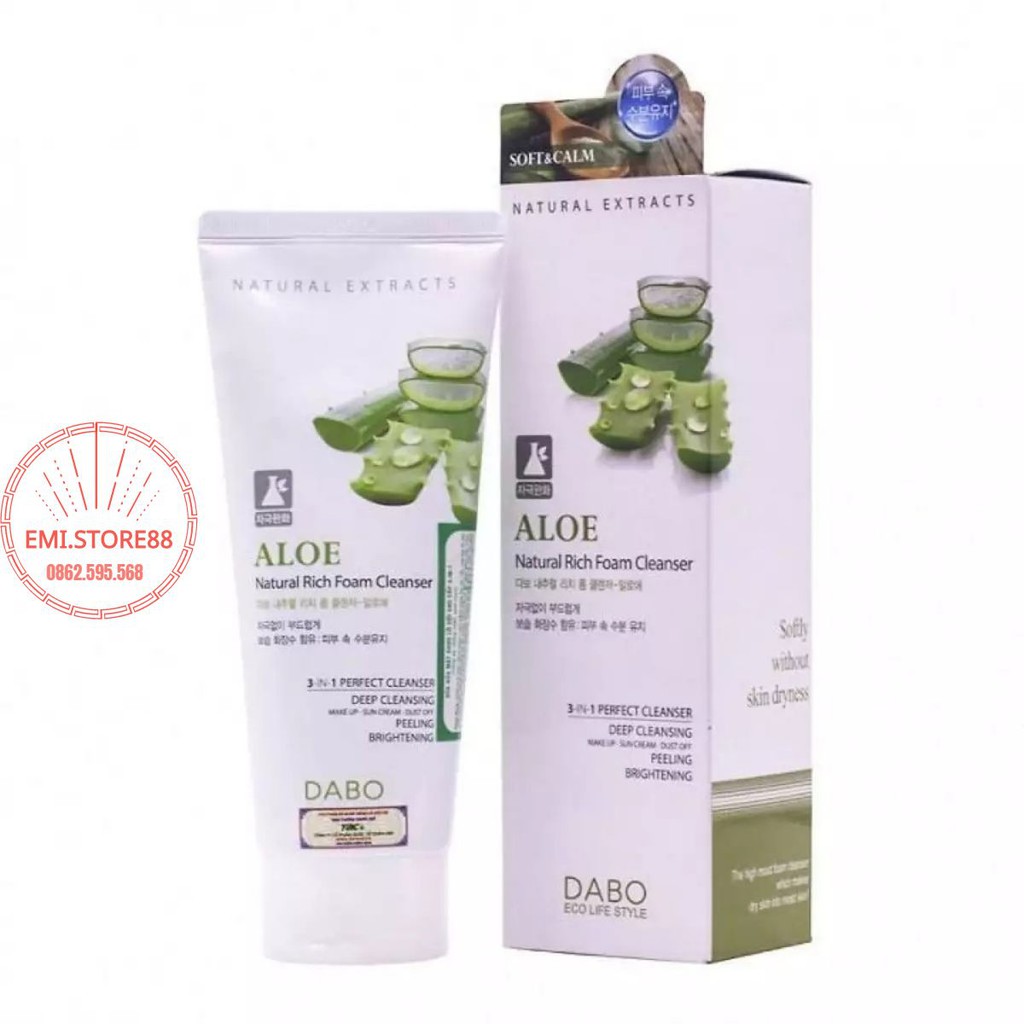 Sữa Rửa Mặt Dabo Lô Hội 3-in-1 Aloe Natural Rich Foam Cleanser 180ml sạch da, dưỡng ẩm, làm trắng, sạch mụn