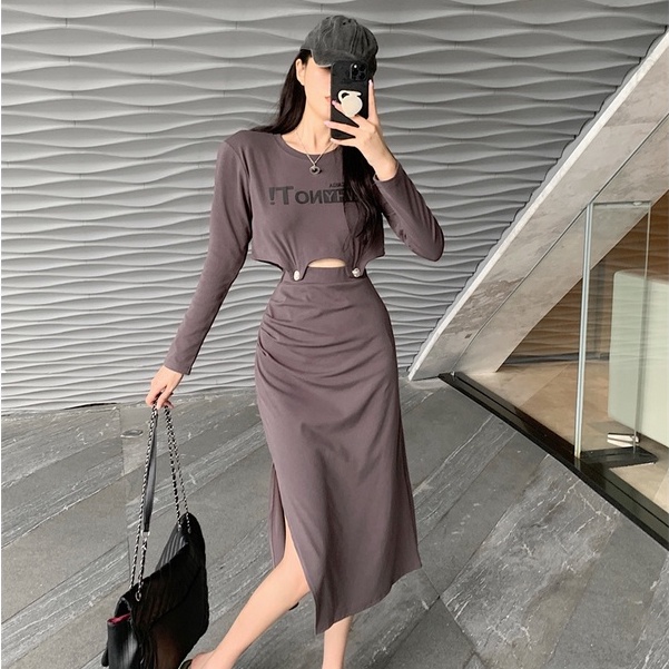 Set Áo Thun Tay Dài Cổ Tròn In Chữ + Chân Váy Dài Lưng Cao Thời Trang Hàn Quốc Cho Nữ
