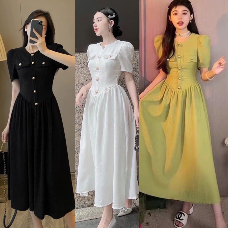 Đầm dự tiệc dáng dài đen trắng tay bồng sang chảnh, Váy Bigsize kín đáo thanh lịch