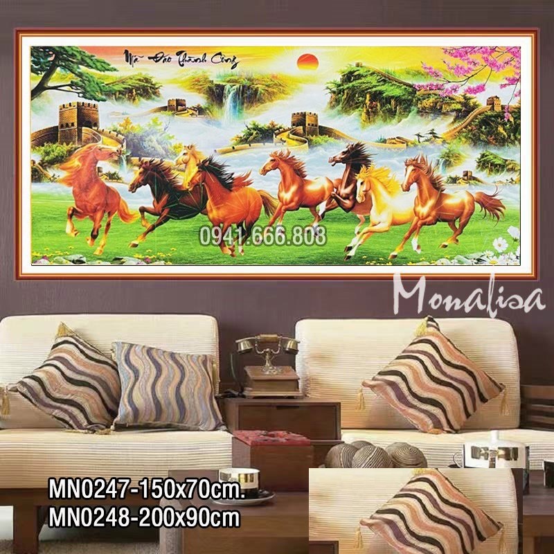tranh thêu kín ngựa mã đáo KT:150x70cm,200x90cm,tranh chưa thêu,tặng kéo và xỏ chỉ.