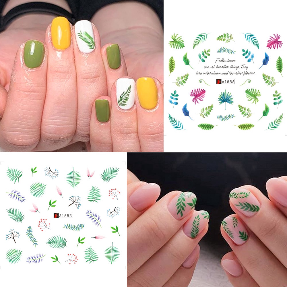 12pcs Green Leaf Nail Decals Set Water Transfer Stickers Manicure Sliders Wraps Tattoo Nail Art