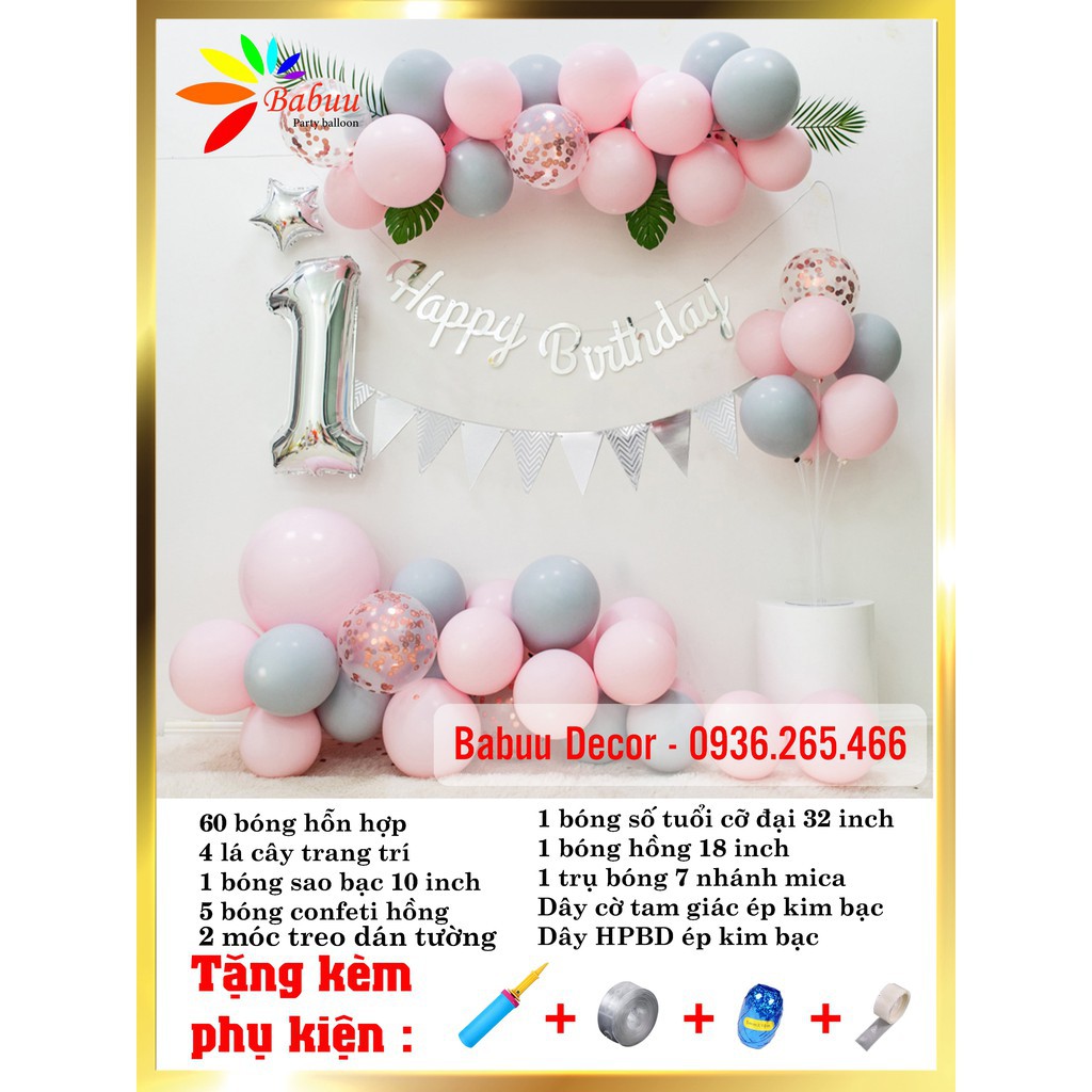 Set bóng trang trí sinh nhật tone hồng dành cho bé gái