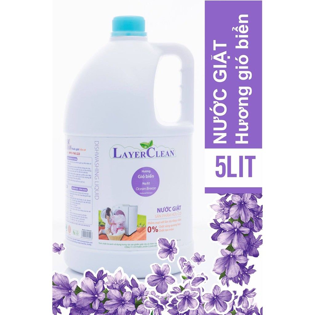 Nước giặt hữu cơ LayerClean hương gió biển 5l an toàn cho trẻ nhỏ, không hại da tay, tiết kiệm