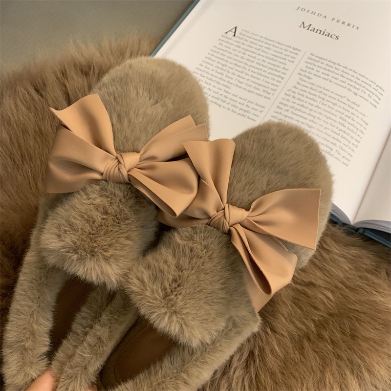 Giày Búp Bê Lông Xù Đính Nơ Dễ Thương Dành Cho Nữ