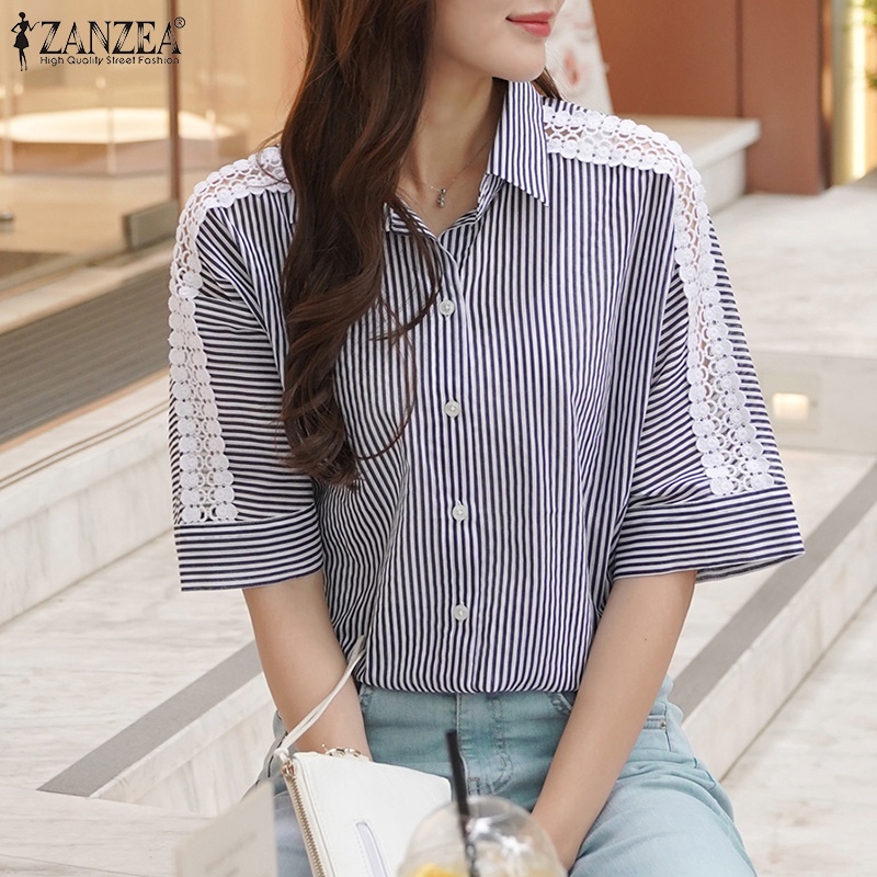 ZANZEA Áo Sơ Mi Nữ Tay Lửng Phối Ren Thời Trang Hàn Quốc