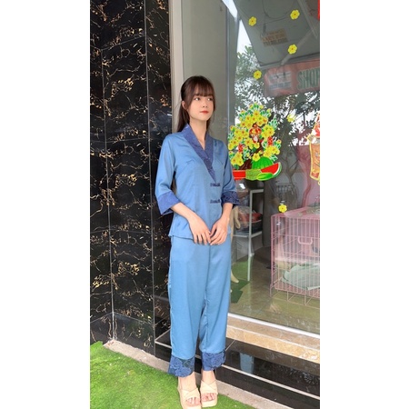 thời trang lụa cao cấp cho nữ, phối gấm đồ lam đi chùa