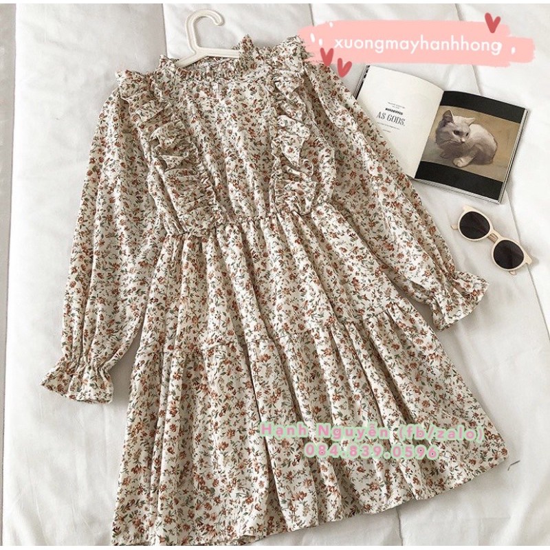 Váy hoa nhí chiffon vintage quảng châu viền bèo tiểu thư - Xưởng May Hạnh Hồng