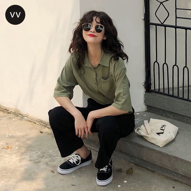 VVvn Áo Sơ Mi Ngắn Tay Màu Trơn Phối Túi Đơn Giản Dễ Phối Đồ