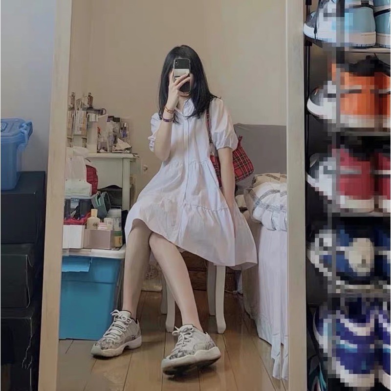 [Ảnh thật/Video] ĐẦM BABYDOLL CỔ SƠMI TRẮNG Váy sơ mi trắng cộc tay xinh