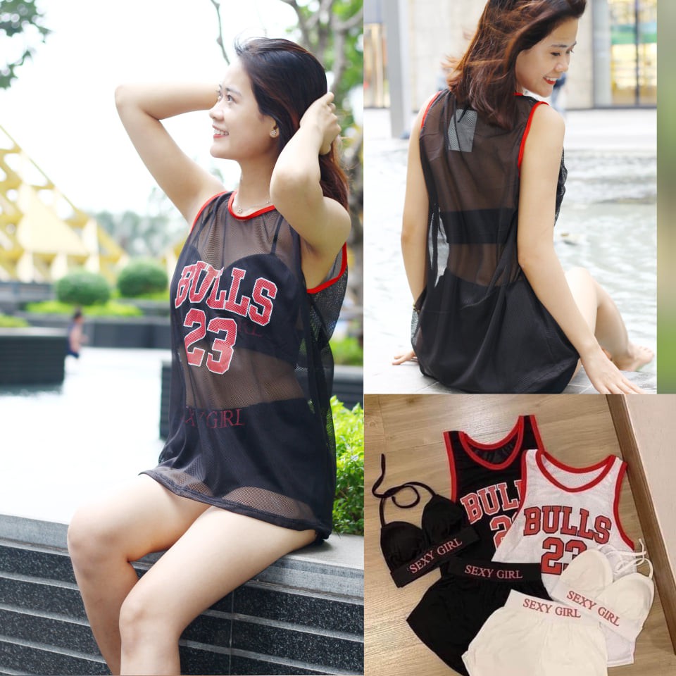 Set đồ bơi bikini 3 mảnh đi biển kèm áo lưới bulls 23 Sexy Girl