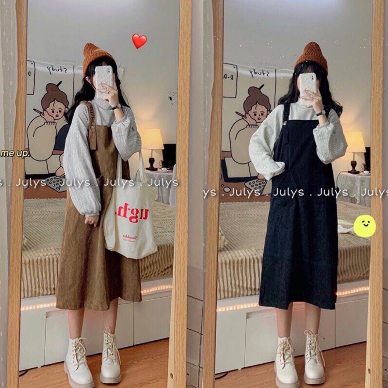 Váy Yếm Ulzzang Nữ, Váy Yếm Nhung Tiểu Thư, Đầm Nữ Kèm Hình Thật