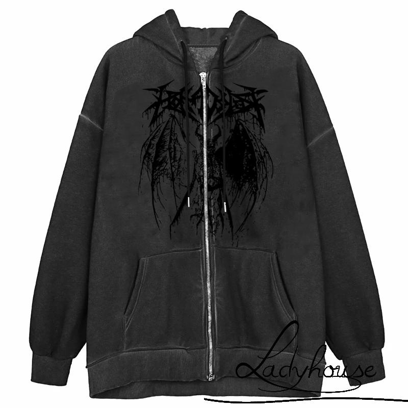 Ldd-áo Hoodie Dài Tay Dáng Rộng Vừa Vặn Có Dây Rút In Họa Tiết Ác Quỷ Cho Nữ