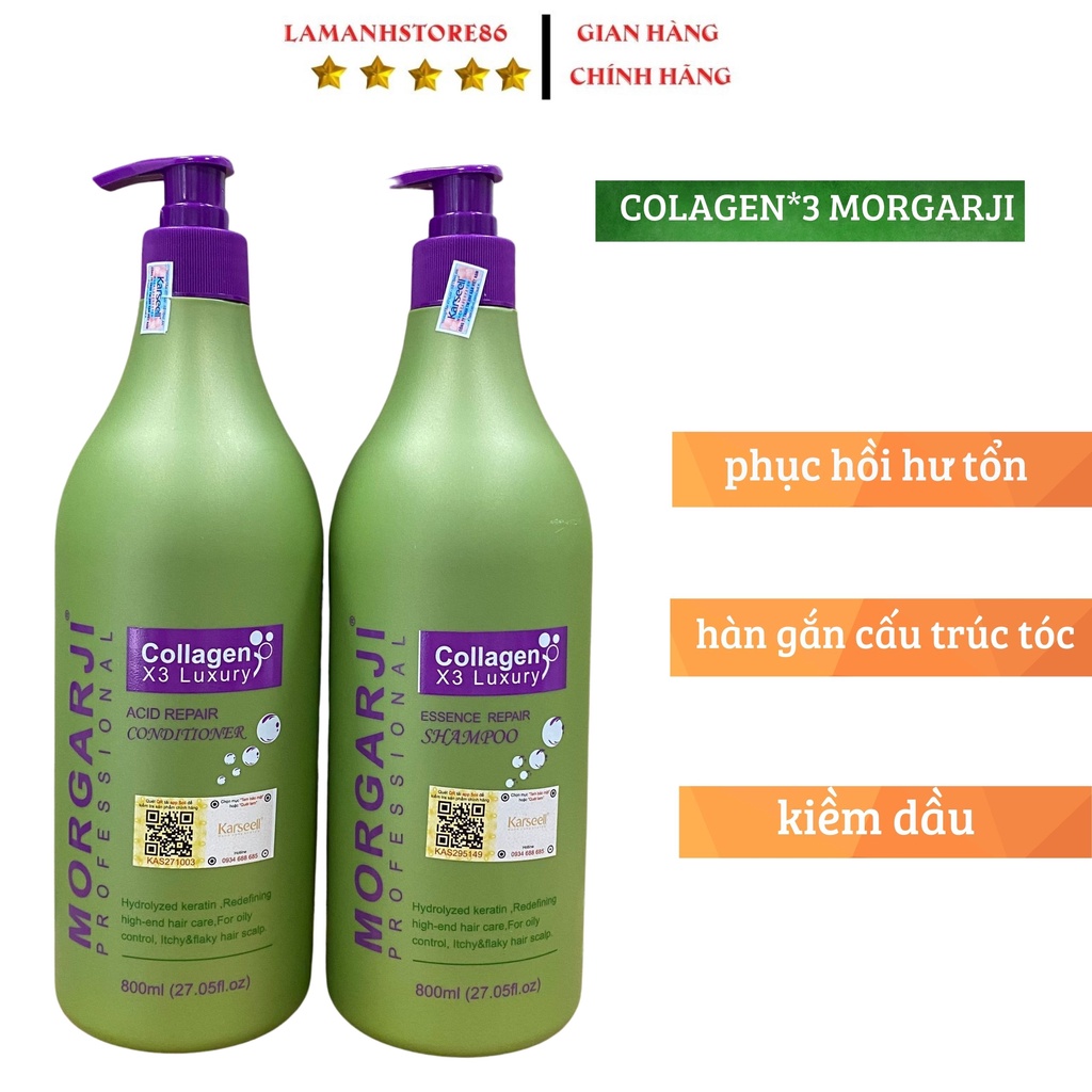 Dầu Gội Xả Colagen MORGARJI Phục Hồi Tóc Hư Tổn Siêu Mượt Hương Thơm Hoa Quả 800ml * 2. Bộ Dầu Gội Colagen