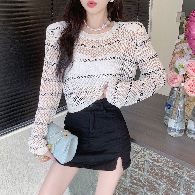 Áo Thun Dệt Kim Mỏng Chống Nắng Họa Tiết Kẻ Sọc Thời Trang Mùa Hè Cho Nữ