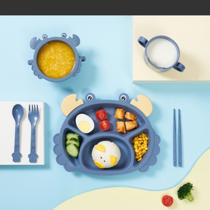 Bộ Khay Ăn Dặm Hình Cua 6 Chi Tiết khay,Bát,Cốc,Thìa,Đũa,Dĩa Cho Bé Chống Rơi Vỡ