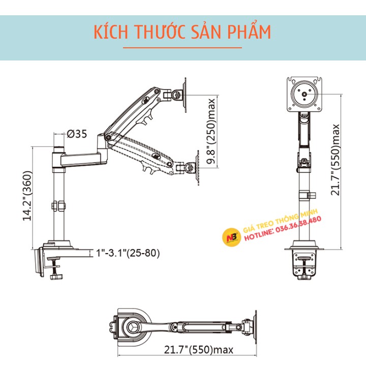 Giá Treo Màn Hình NB H100 22 - 35 Inch - Tay Treo Màn Hình Máy Tính Gắn Bàn Xoay 360 Độ