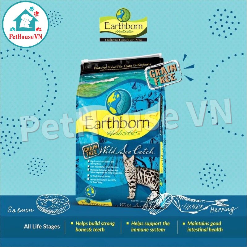 EARTHBORN WILD SEA CATCH - Túi 500G Thức Ăn Hạt Cho Mèo Và Mèo Con Vị Cá Hồi & Cá Trích Hàng Chính Hãng