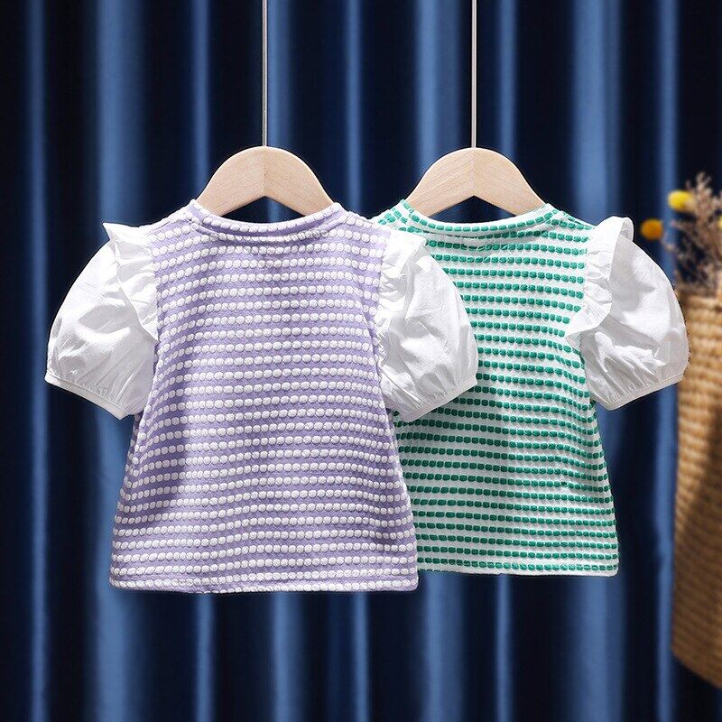 Áo Thun Tay Phồng Bằng Cotton Họa Tiết Sọc Màu Xanh Lá Thời Trang Mùa Hè Dành Cho Bé Gái 2-6