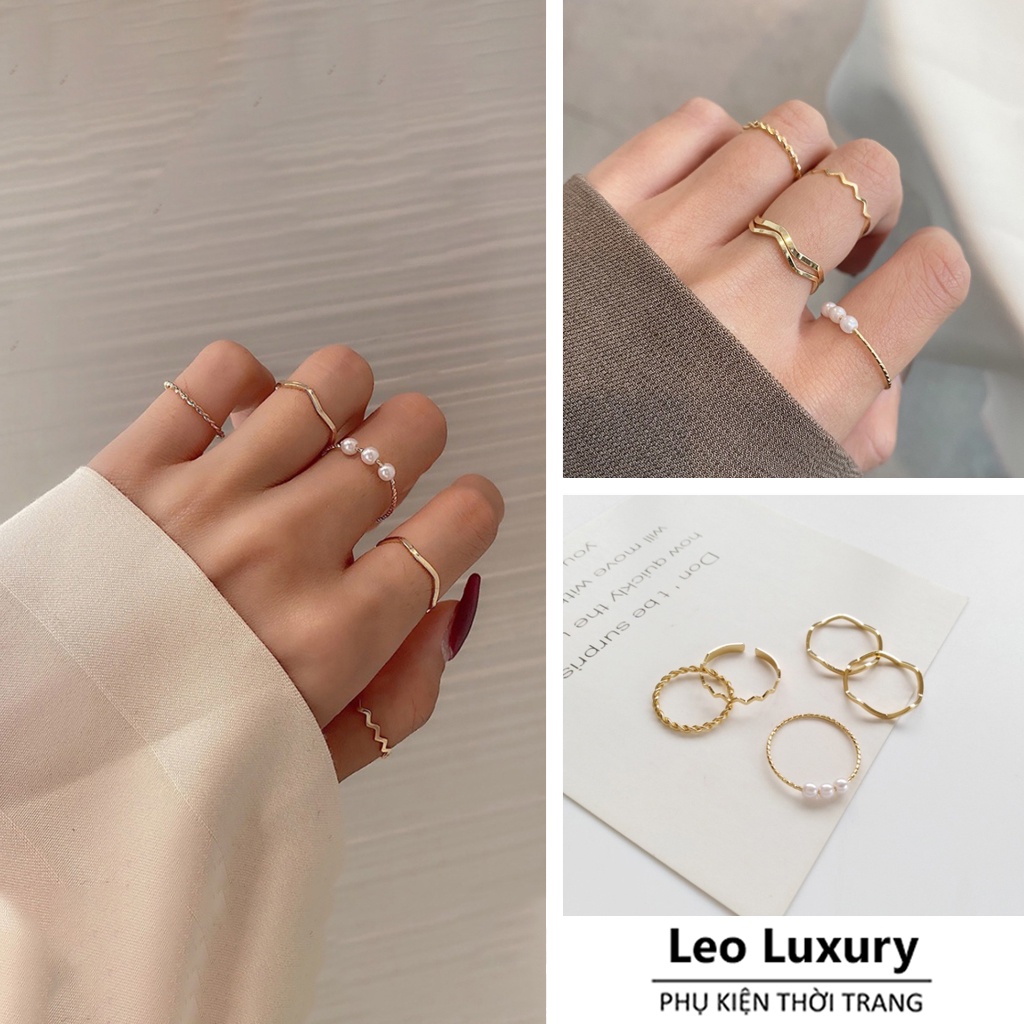 Set 5 nhẫn nữ, bộ 5 chiếc nhẫn đính hạt ngọc cao cấp, phong cách thời trang cá tính