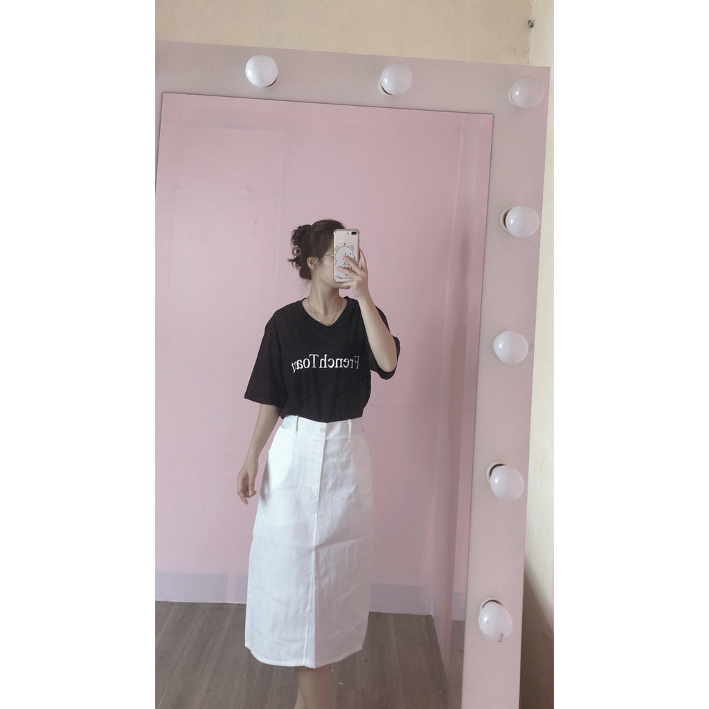 Set áo thun tay lỡ FRENCH kèm chân váy kaki dáng dài ulzzang | BigBuy360 - bigbuy360.vn