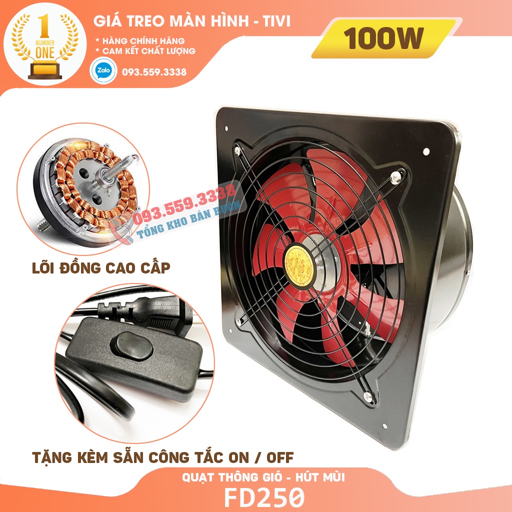 FD 250 | Quạt Hút Gió, Quạt Thông Gió , Hút Mùi Nhà Bếp , Nhà Vệ Sinh , Phòng Ngủ Công xuất 100W - Tặng Kèm Công Tắc