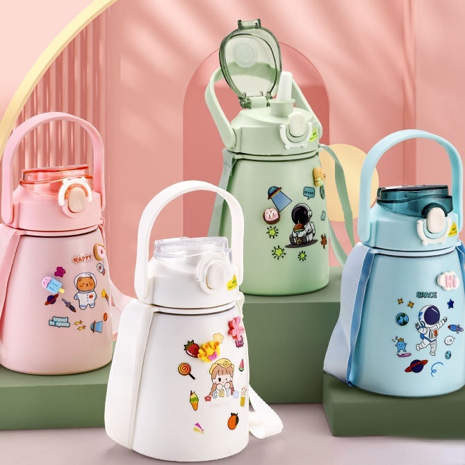 Bình Giữ Nhiệt 850ml, Bình Nước Tặng Sticker Trang Trí Có Ống Hút Và Dây Đeo Inox 304 Giữ Nhiệt Tốt
