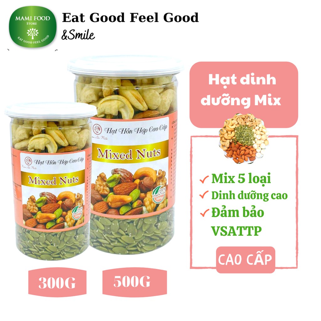 Hạt hỗn hợp mix cao cấp: nhân mắc ca, điều, hạnh nhân, bí xanh, nhân óc chó 500gr