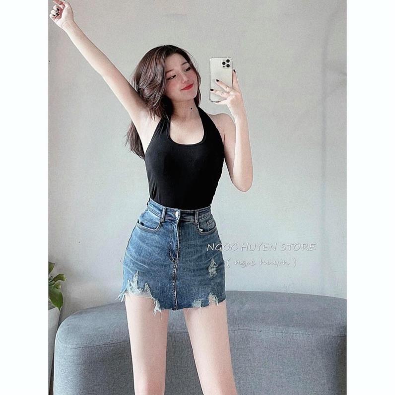 chân váy quần jean rách co giãn lưng siêu cao màu dơ ( hình thật kèm video) 🌺
