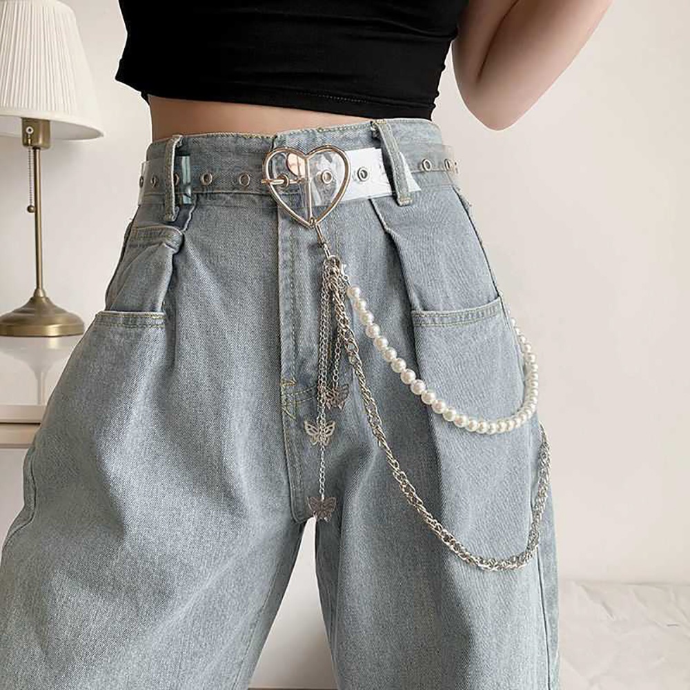 Dây Xích Đeo Thắt Lưng Quần Jeans Phối Hình Bướm Đính Ngọc Trai Thời Trang Cho Nam Nữ