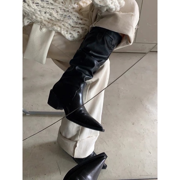 Boot cao bồi da trơn  mũi nhọn - thân nhún độc lạ