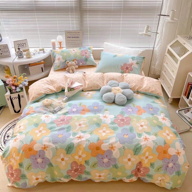 Bộ chăn ga gối hoa nhí trắng hồng COTTON LIVING (không kèm ruột)