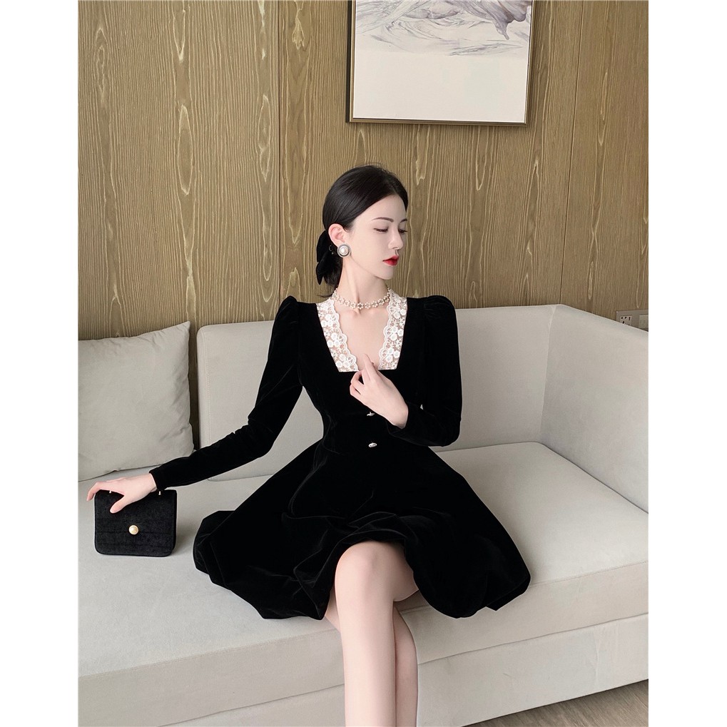 Đầm nhung dáng chữ A phong cách sang trọng khí chất hàng Quảng Châu cao cấp đầu mùa thu