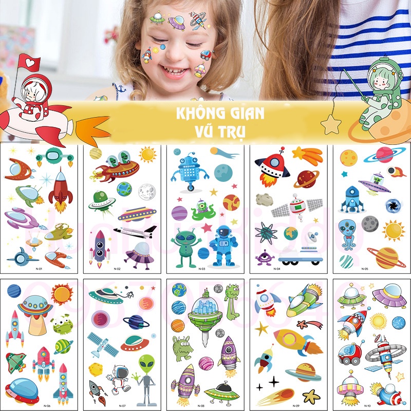 Hình xăm tatoo sticker KHÔNG GIAN VŨ TRỤ dán chống thấm nước cho bé sáng tạo vui chơi an toàn